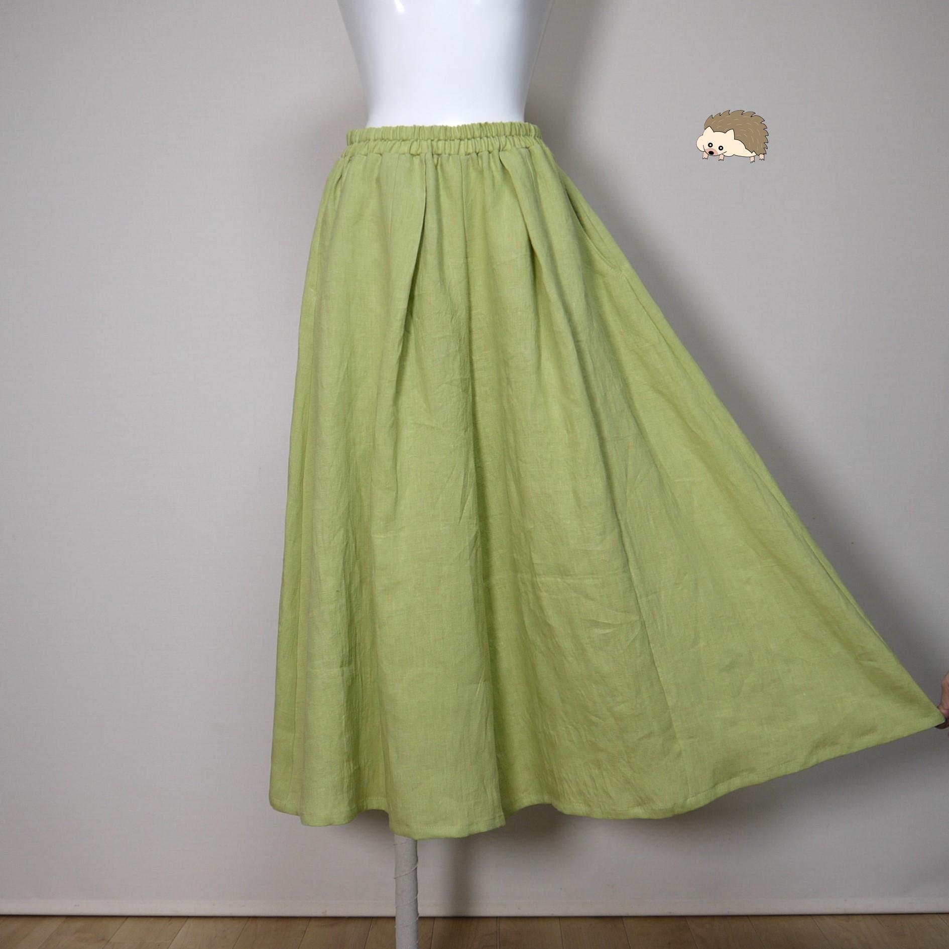 Aラインキュロット◆【ナチュラルリネン ライト】◆ライム◆フリーサイズ(リネン100%)1枚目の画像