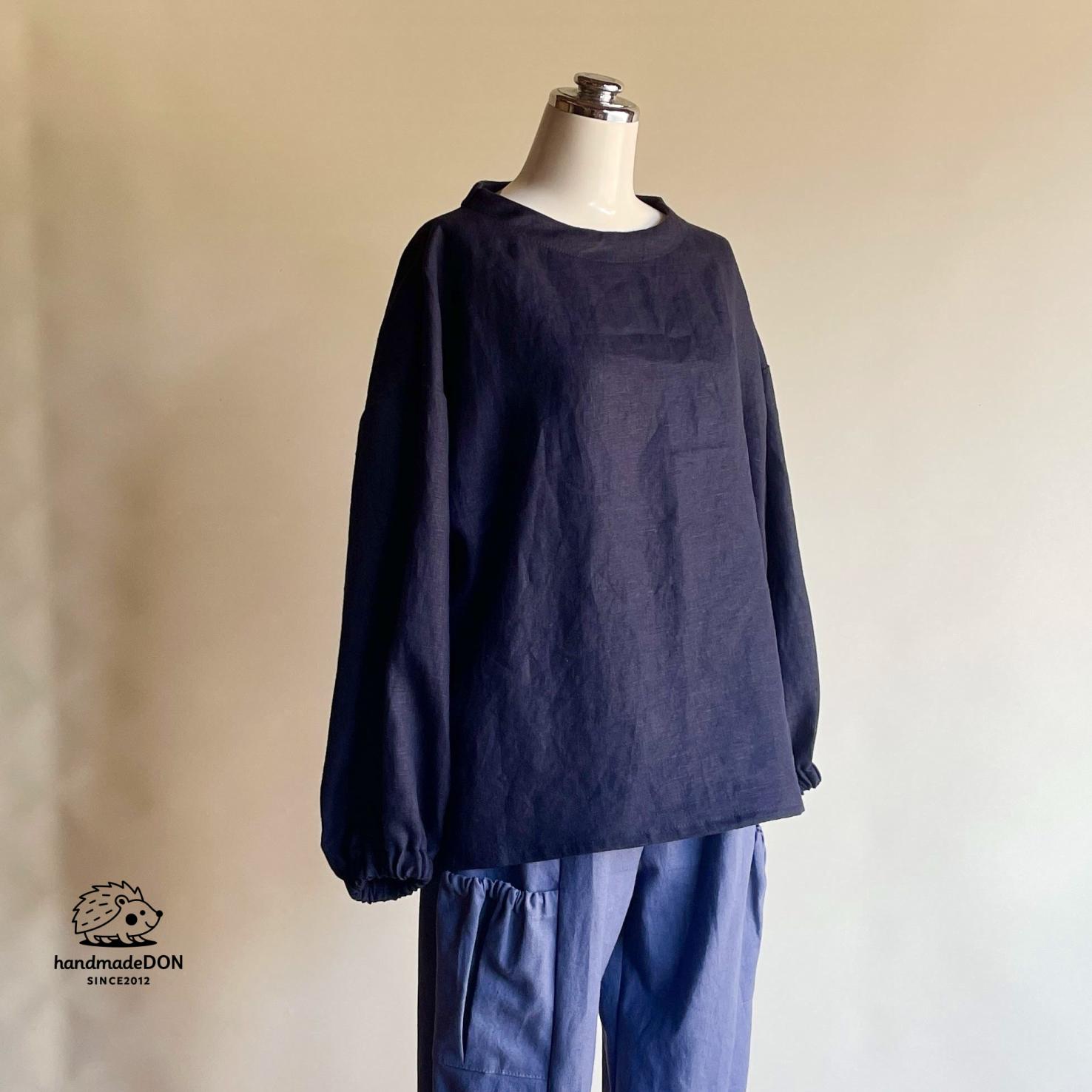リネン◆ボトルネックブラウス◆ネイビー◆M・L・LL(リネン100%、中厚)1枚目の画像